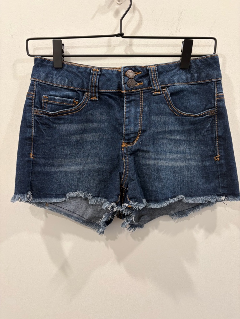 Mudd FLX Stretch Y2K Dark Blue Frayed Hem Denim Shorts